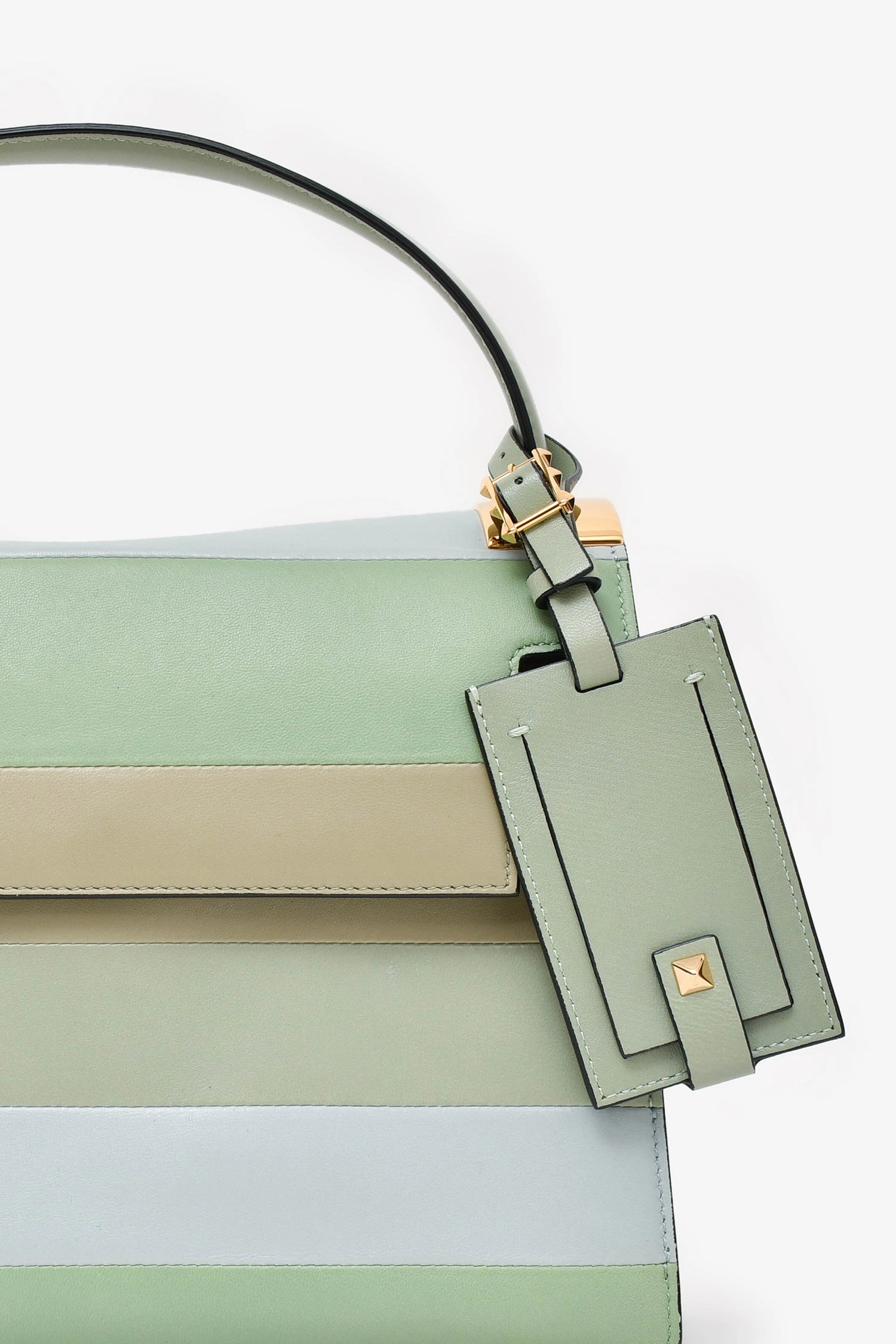 Valentino Green/ Light Blue Leather Striped Patch My Rockstud Top Handle Bag