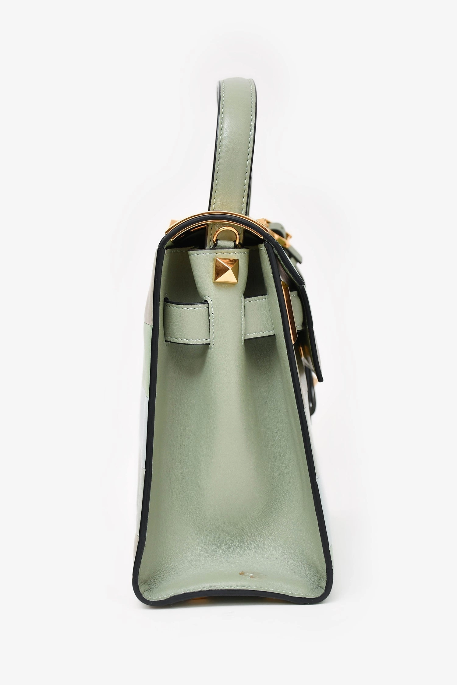 Valentino Green/ Light Blue Leather Striped Patch My Rockstud Top Handle Bag