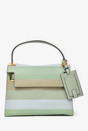 Valentino Green/ Light Blue Leather Striped Patch My Rockstud Top Handle Bag