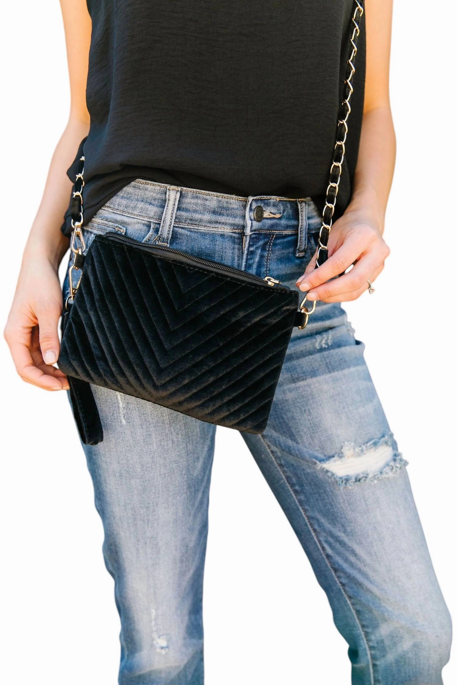 Velvet Chevron Crossbody Bag In Black