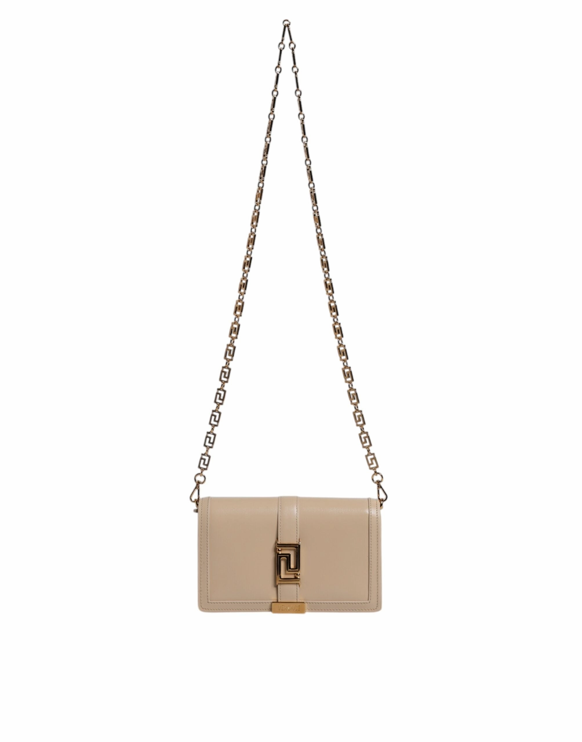 Versace Beige Gold Chain Calf Leather Wallet Crossbody Bag
