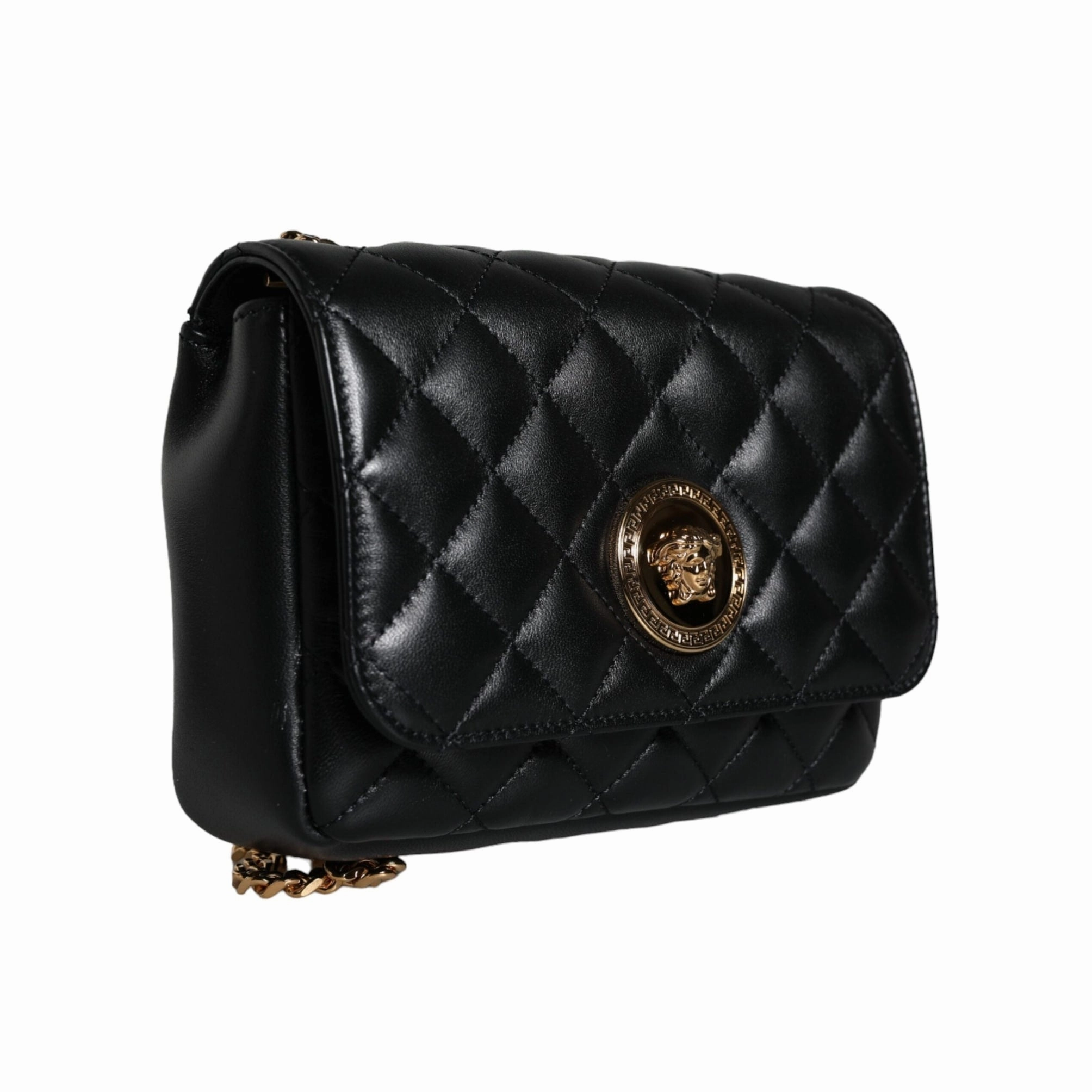 Versace Black Quilted Lambskin Leather Crossbody Shoulder Women's Bag