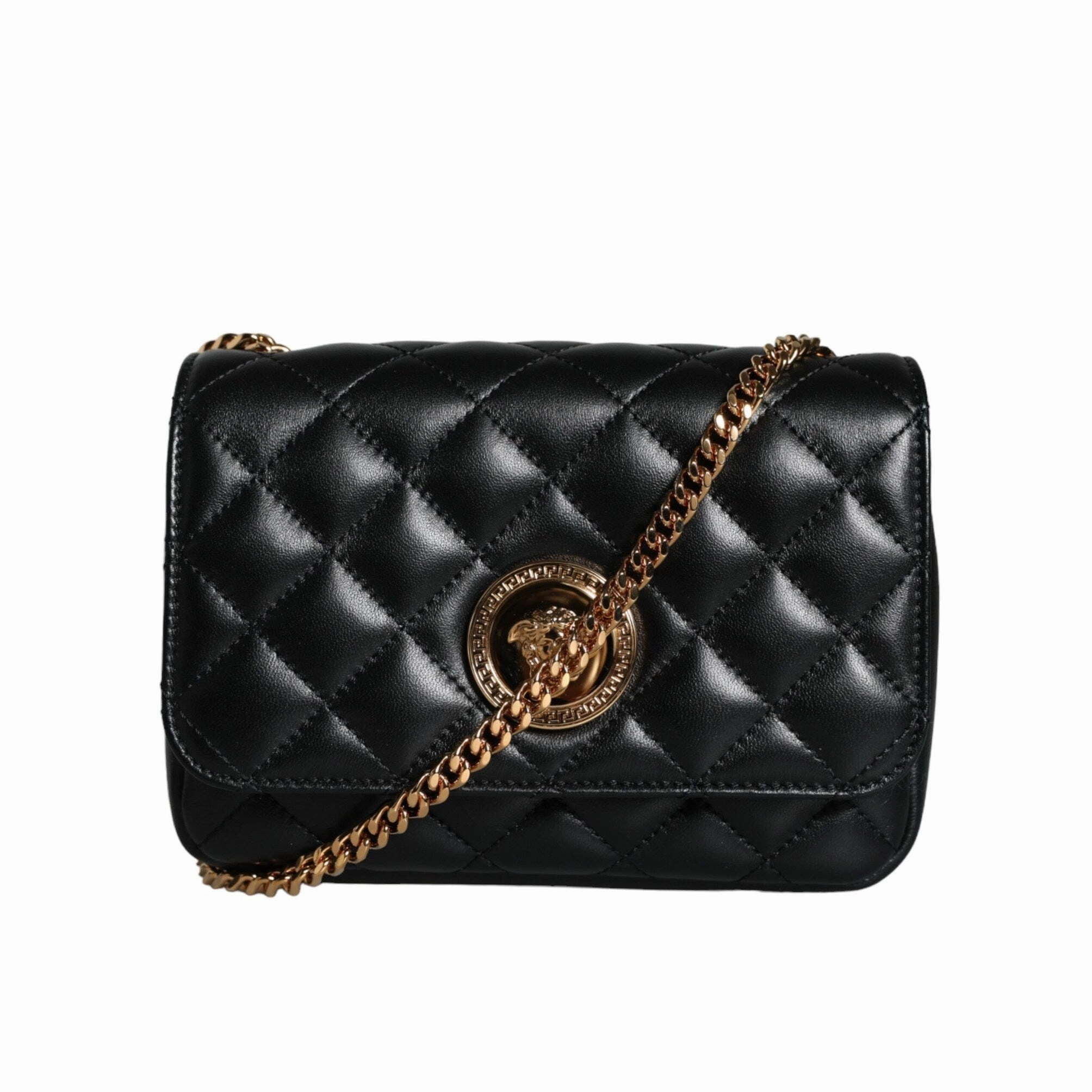 Versace Black Quilted Lambskin Leather Crossbody Shoulder Women's Bag
