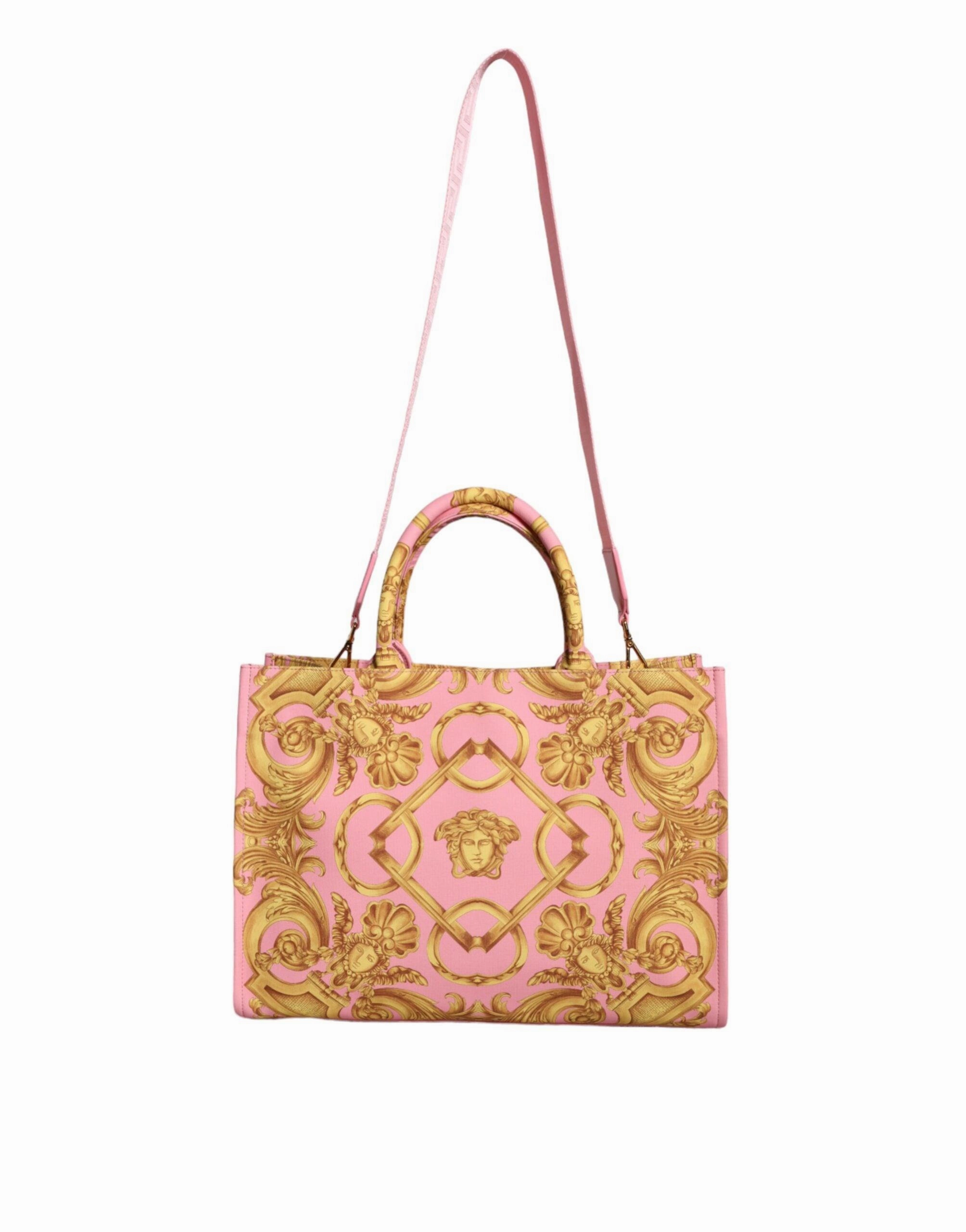 Versace Pink Printed Large Fabric Leather Shopping Tote Bag