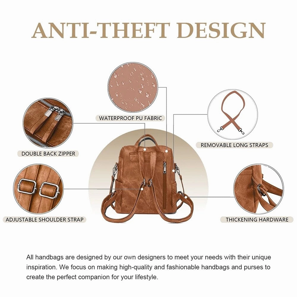 Women's Anti-Theft Leather Backpack, 8-Pocket Work Travel Organizer