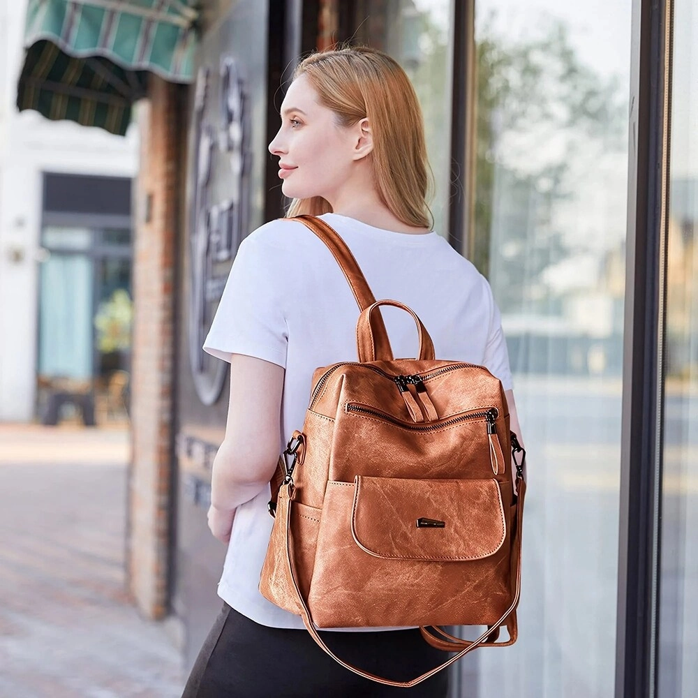Women's Anti-Theft Leather Backpack, 8-Pocket Work Travel Organizer