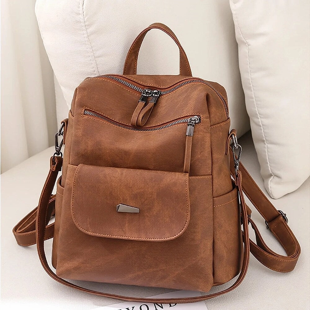 Women's Anti-Theft Leather Backpack, 8-Pocket Work Travel Organizer