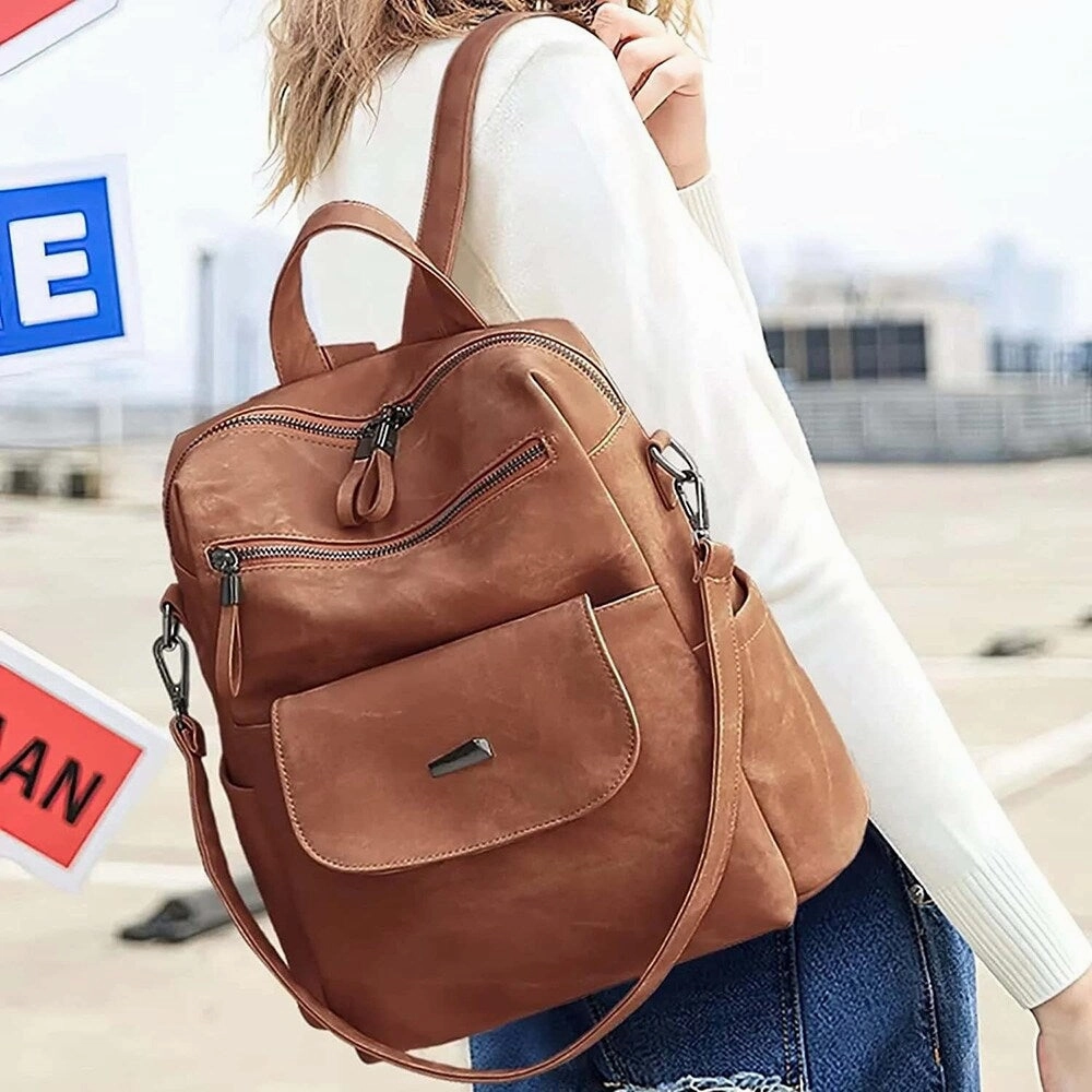 Women's Anti-Theft Leather Backpack, 8-Pocket Work Travel Organizer