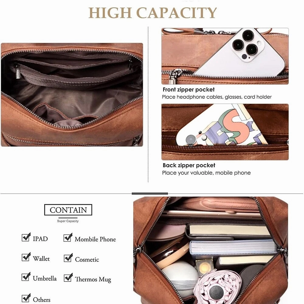 Women's Anti-Theft Leather Backpack, 8-Pocket Work Travel Organizer