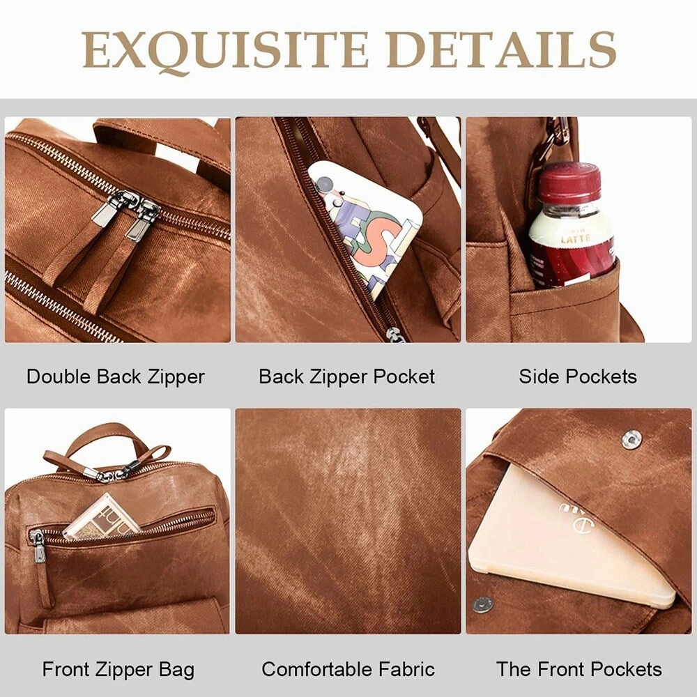 Women's Anti-Theft Leather Backpack, 8-Pocket Work Travel Organizer