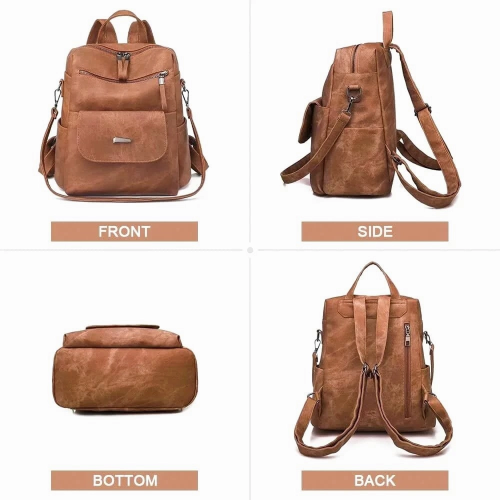Women's Anti-Theft Leather Backpack, 8-Pocket Work Travel Organizer