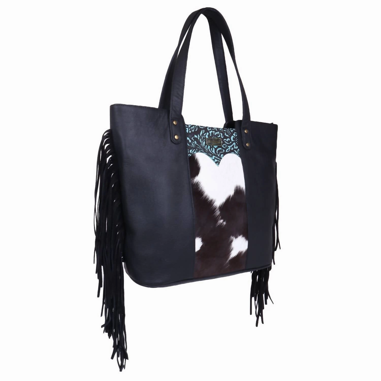 Women's Fringed Tote Bag In Black Turqoise Floral