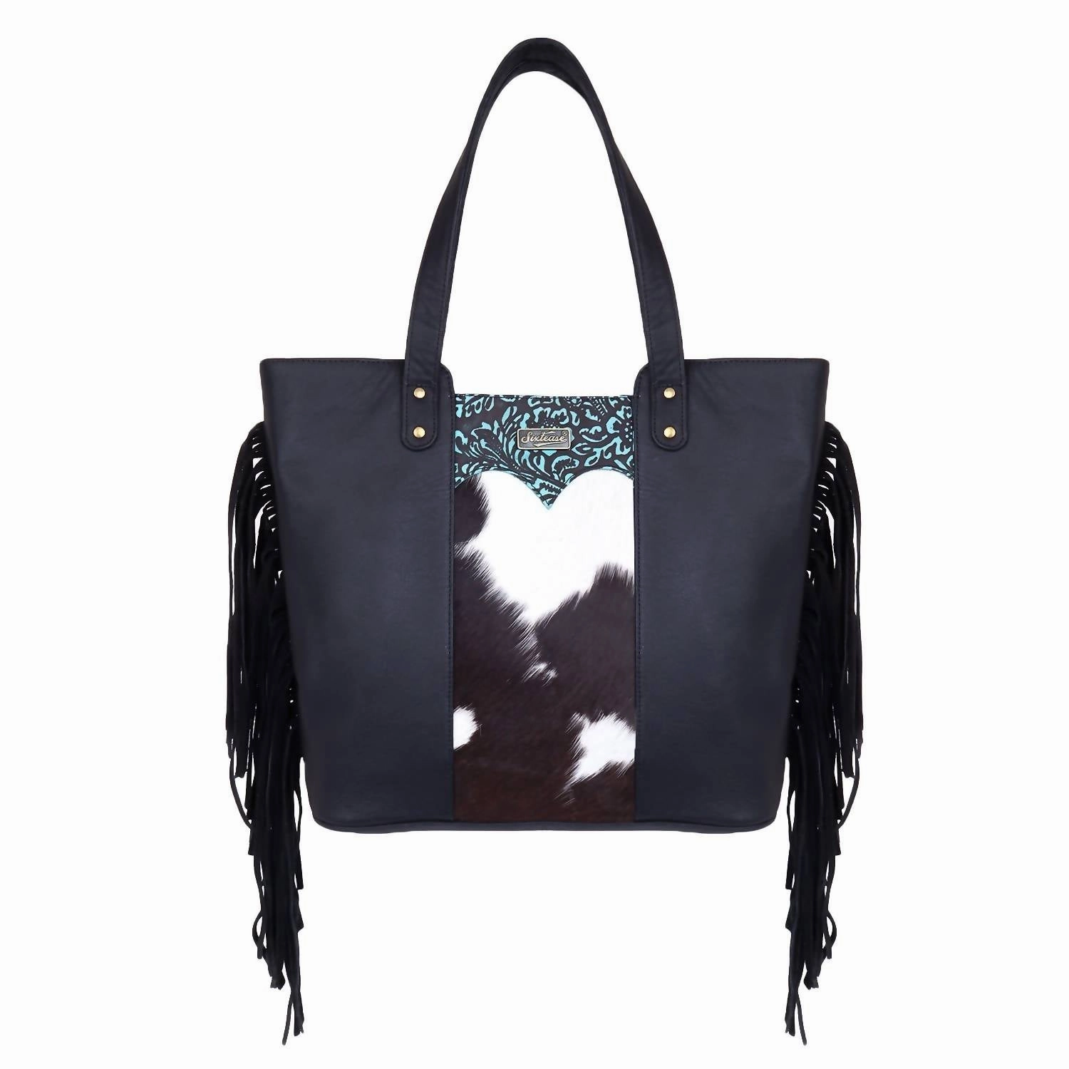 Women's Fringed Tote Bag In Black Turqoise Floral