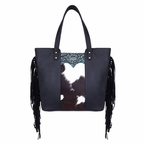 Women's Fringed Tote Bag In Black Turqoise Floral