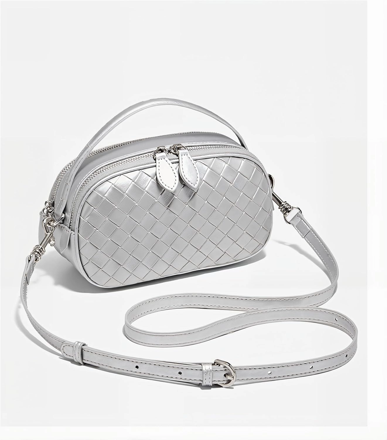 Women's Genuine Leather Crossbody Bag - Small Adjustable Strap Woven Purse, Multi-Pocket Handbag for Everyday Use