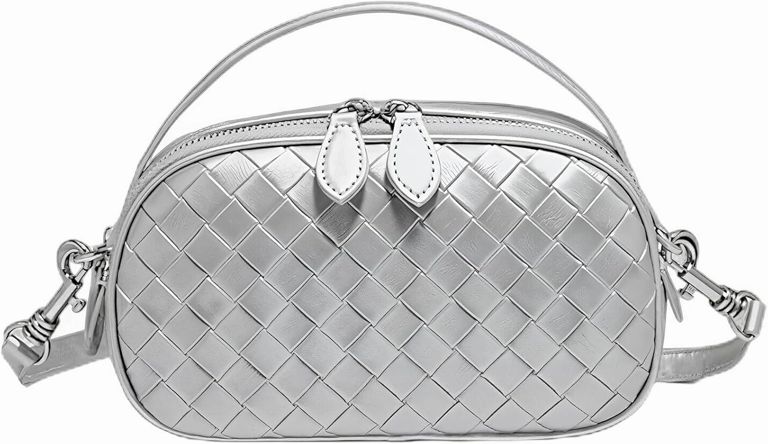 Women's Genuine Leather Crossbody Bag - Small Adjustable Strap Woven Purse, Multi-Pocket Handbag for Everyday Use