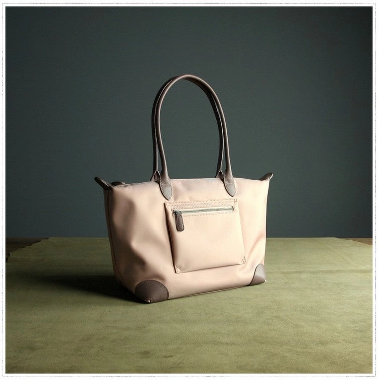 Womens Light Pink Nylon Shoulder Tote Small Pink Nylon Handbag Purse for Ladies