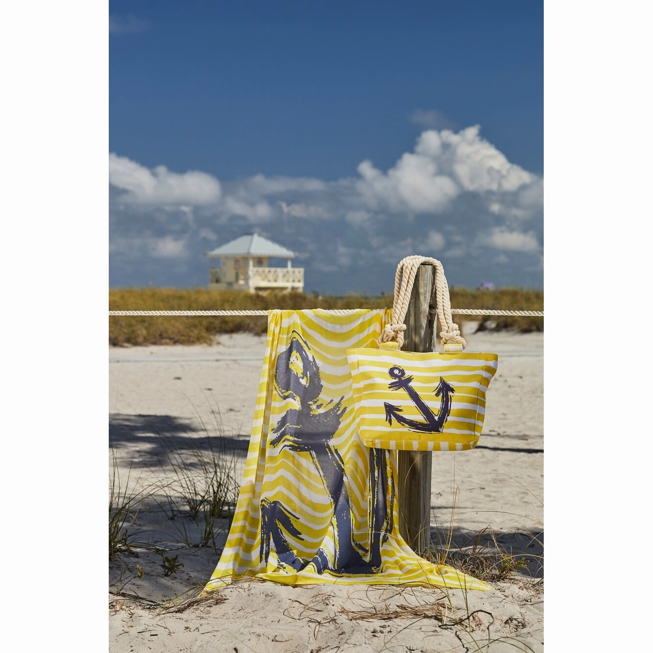 Yellow w/ Navy Anchor Carry Handbag Shopping Everyday Travel Tote